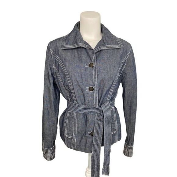 CHICOS Dark Wash Denim‎ Chambray Button Down Belted Cotton Jacket sz 1 Medium 8 - Picture 1 of 7